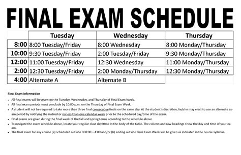 u of a final exam schedule